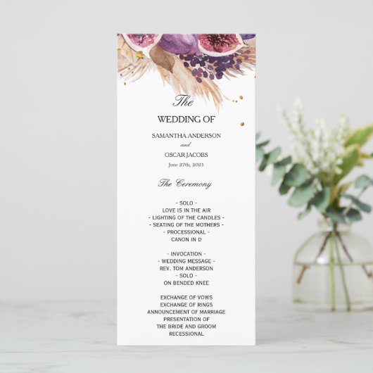 Elegante Pampas & Paarse Vijgen Trouwceremonie Menu (Staand voorkant)