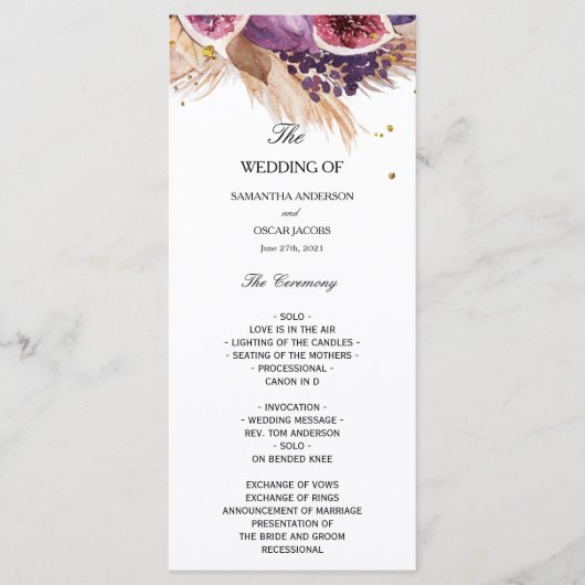 Elegante Pampas & Paarse Vijgen Trouwceremonie Menu (Voorkant)