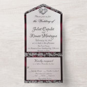 Elegante parel, Bourgondisch lint en glitterranden All In One Uitnodiging (Binnen)