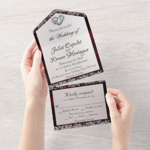 Elegante parel, Bourgondisch lint en glitterranden All In One Uitnodiging