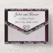 Elegante parel, Paarse lint & glitter borders All In One Uitnodiging (Achterkant)
