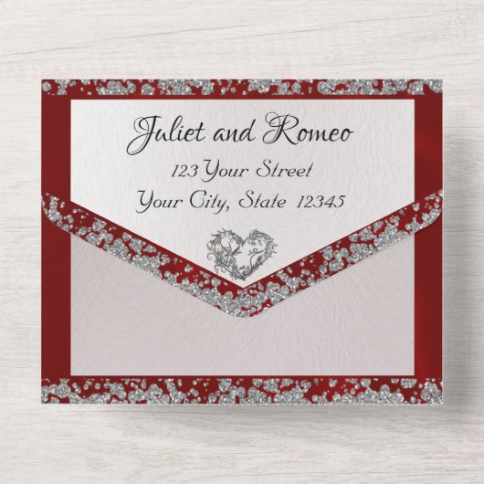 Elegante parel, rood lint en glitterranden all in one uitnodiging (Achterkant)