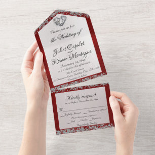 Elegante parel, rood lint en glitterranden all in one uitnodiging