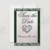Elegante parel, smaragdgroen lint & sprankeling save the date (Voorkant)