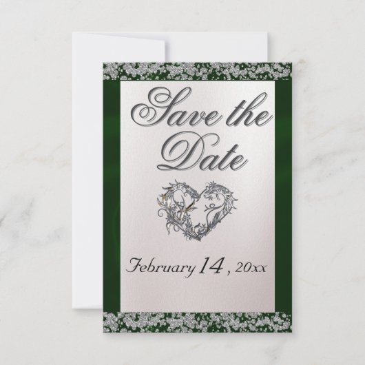 Elegante parel, smaragdgroen lint & sprankeling save the date (Voorkant)