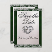 Elegante parel, smaragdgroen lint & sprankeling save the date (Voorkant / Achterkant)