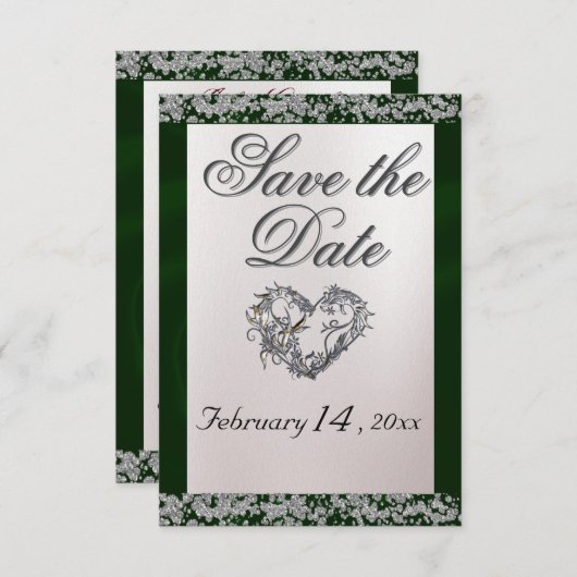 Elegante parel, smaragdgroen lint & sprankeling save the date (Voorkant / Achterkant)