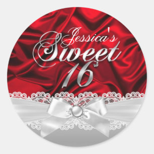 Elegante Parelboog & Rode Zijde Sweet Sixteen Stic Ronde Sticker