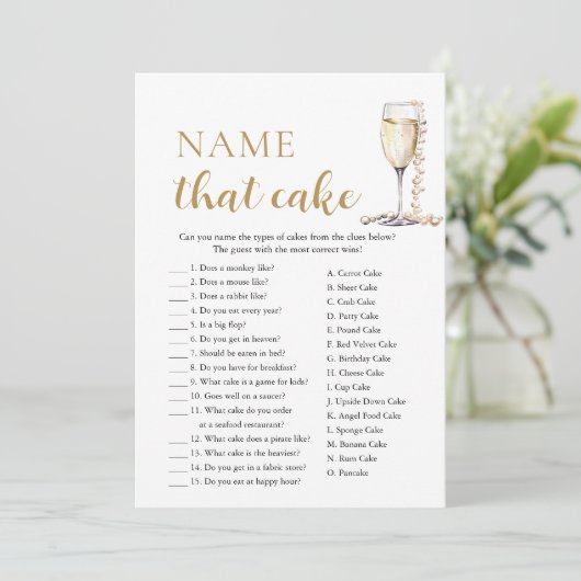 Elegante Parels en Prosecco Naam Dat Taart Spel Kaart (Staand voorkant)