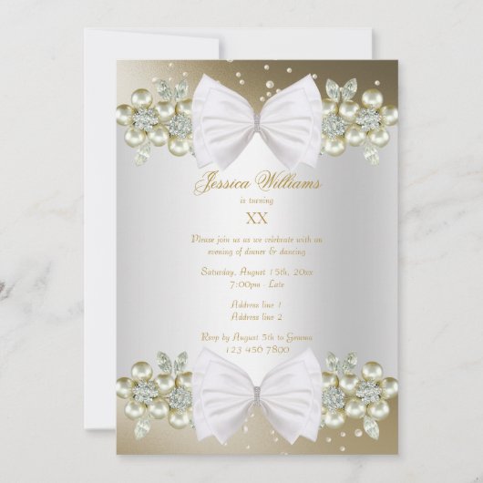 Elegante Pareltjes & Bow Gold Verjaardag Kaart (Voorkant)