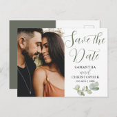 Elegante paren Foto-eucalyputs Opslaan datum Aankondigingskaart (Voorkant / Achterkant)