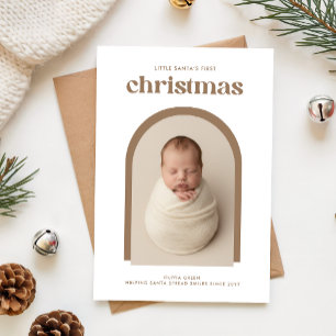 Elegante Pasgeboren Baby Eerste Kerstmis Boog Foto Feestdagenkaart