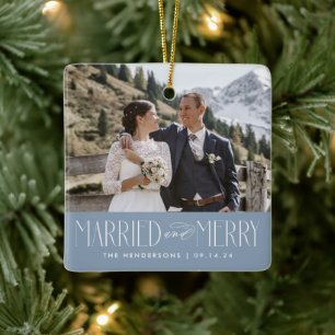 Elegante Pasgetrouwd Foto Getrouwd en Blij Metaal Keramisch Ornament