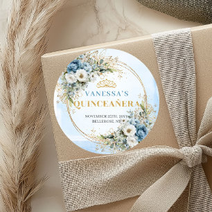 Elegante Pastel Blauwe Gouden Eucalyptus Quinceañe Ronde Sticker