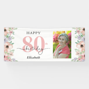 Elegante Pastel Bloemachtige 80ste Verjaardagsfees Spandoek