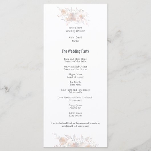 Elegante Pastel Bloemen Blush Grijs Script Bruilof Programma (Achterkant)