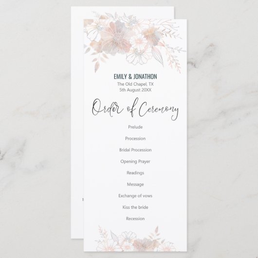 Elegante Pastel Bloemen Blush Grijs Script Bruilof Programma (Voorkant / Achterkant)