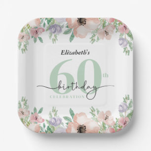 Elegante Pastel Bloemige 60e Verjaardagsfeest Papieren Bordje