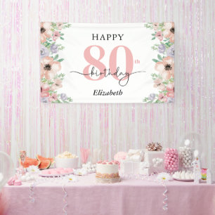 Elegante Pastel Bloemige 80ste Verjaardagsfeestje  Spandoek
