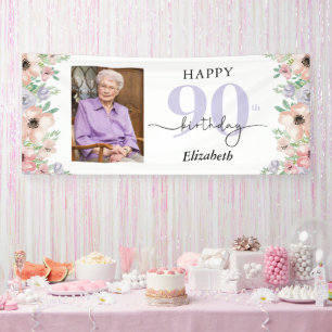 Elegante Pastel Bloemige 90ste Verjaardagsfeest Fo Spandoek
