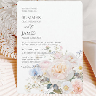 Elegante Pastel Blush Wit Blauw Bloemen Huwelijk Kaart