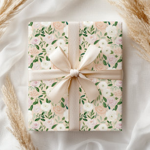 Elegante Pastel Groen Roze Perzik Roos Bloemig Cadeaupapier