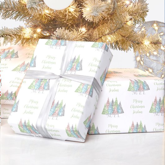 Elegante Pastel Kerstboom Naam Kerstmis Cadeaupapier