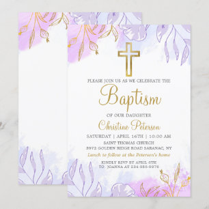 Elegante Pastel Paarse Gouden Bloemen Meisje Doop Kaart