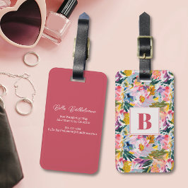 Elegante pastel roze Abstracte bloem monogrammed Bagagelabel
