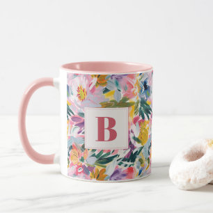 Elegante pastel roze Abstracte bloem monogrammed Mok