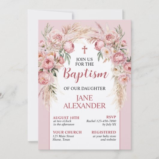 Elegante pastel roze bloemdoop kaart (Voorkant)