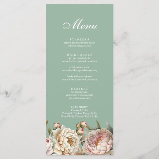 Elegante pastel salie groen blush roze pioenrozen menu (Voorkant)