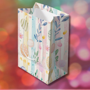 Elegante Pastel Watercolor Paasstrepen Eieren Medium Cadeauzakje