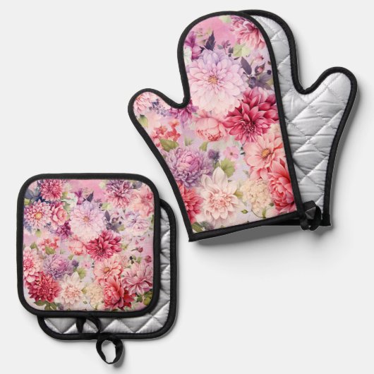 Elegante pastel Waterverf Flowers Ovenwant & Pannenlap Set (Voorkant / Achterkant)