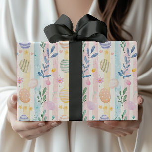 Elegante Pastel Waterverf Paasstrepen Eieren Cadeaupapier