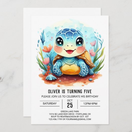 Elegante Pastel Whimsy Turtle Boy Verjaardag Kaart (Voorkant / Achterkant)