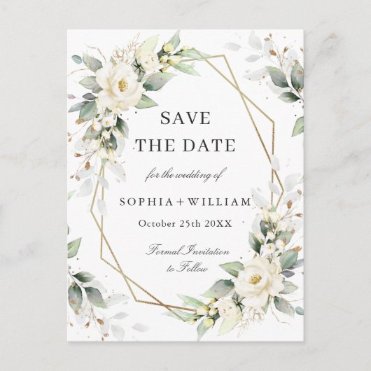 Elegante Pastel Witte Rozen Trouwen Save the Date Briefkaart (Voorkant)