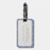 Elegante pastelblauwe bloem glanzend gouden monogr bagagelabel (Achterkant verticaal)