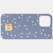 Elegante pastelblauwe bloem glanzend gouden monogr Case-Mate iPhone case (Achterkant (horizontaal))