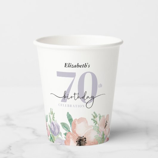 Elegante pastelbloem 70ste verjaardagsfeest papieren bekers (Voorkant)