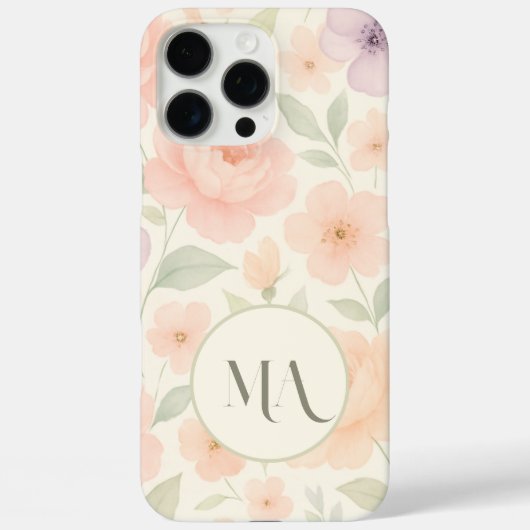 Elegante pastelbloem monogram iPhone hoesje (Achterkant)