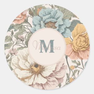 Elegante pastelkleuren bloemmonogram ronde sticker