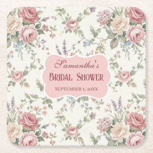 Elegante Pastelrozen Shabby Chic Bruiloftsborrel Vierkante Kartonnen Onderzetter