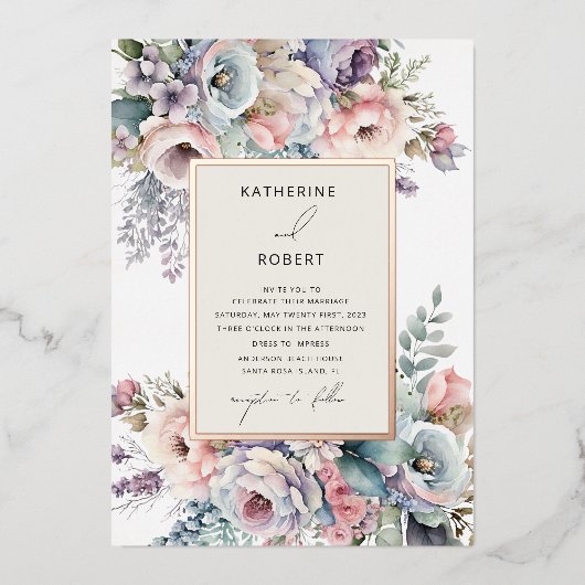 Elegante pasteltuin bloemenbruiloft folie uitnodiging (Voorkant)