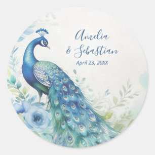 Elegante Pauw Foto Boog Bruiloft QR TLW26 Ronde Sticker