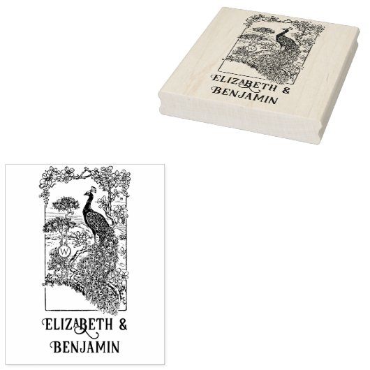Elegante Pauw in Tuin Koppel Naam Initiaal  Rubberstempel (Gestempeld)