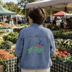 Elegante Pauw Lotos Bloem Sierlijke Blauwe Henna Denim Jacket