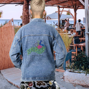 Elegante Pauw Lotos Bloem Sierlijke Blauwe Henna Denim Jacket