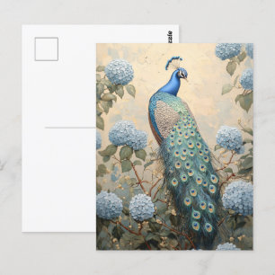 Elegante Pauw met Blauwe Hortensia's Olie Schilder Briefkaart