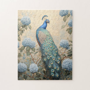 Elegante Pauw met Blauwe Hortensia's Olie Schilder Legpuzzel